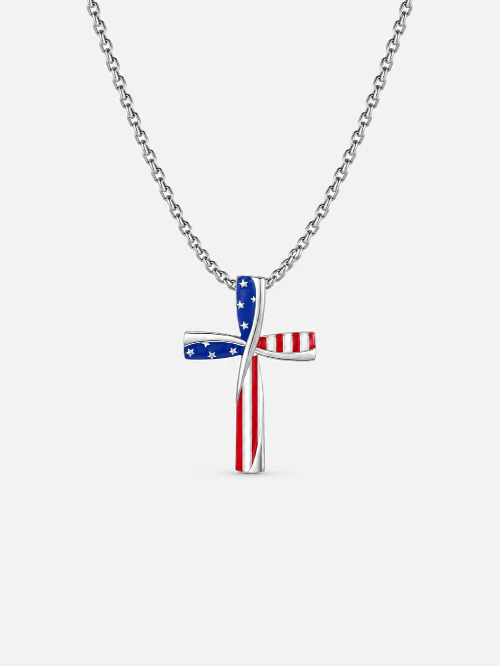 Collier croix drapeau américain – Pendentif émaillé argenté