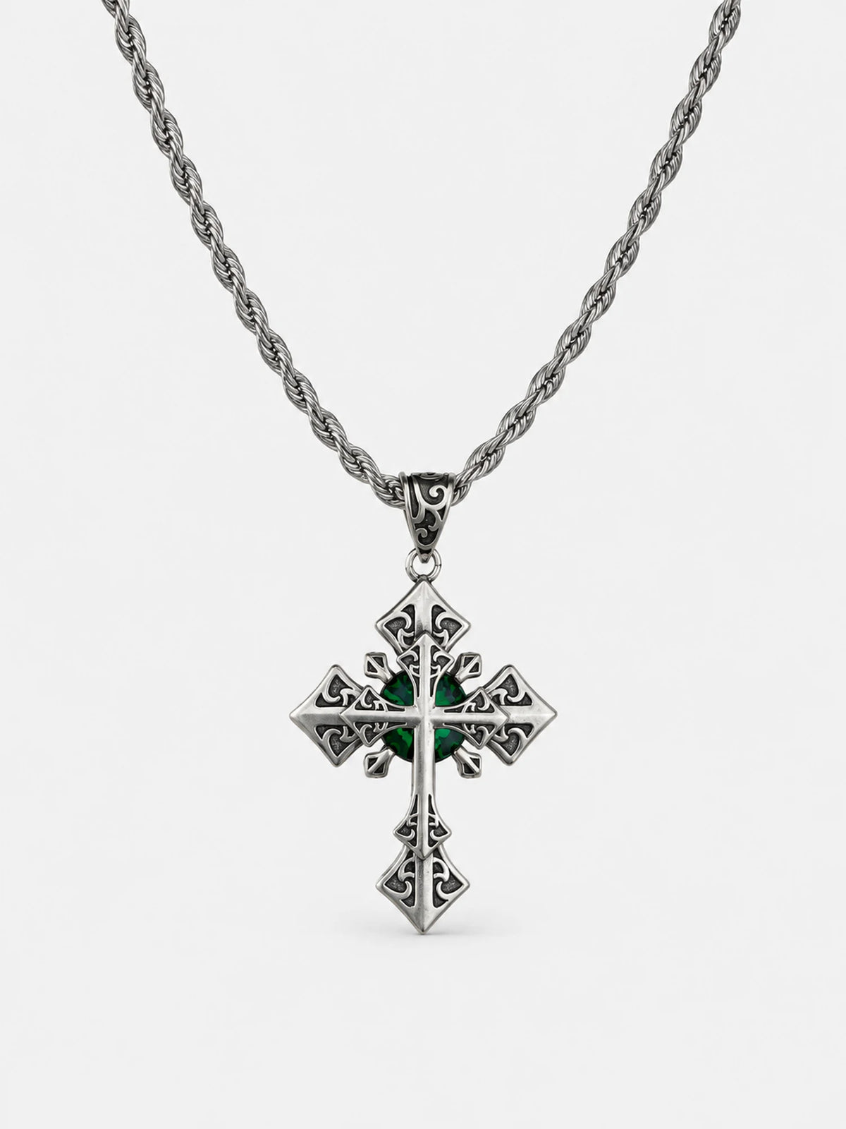 Ornate Emerald Vintage Cross Necklace