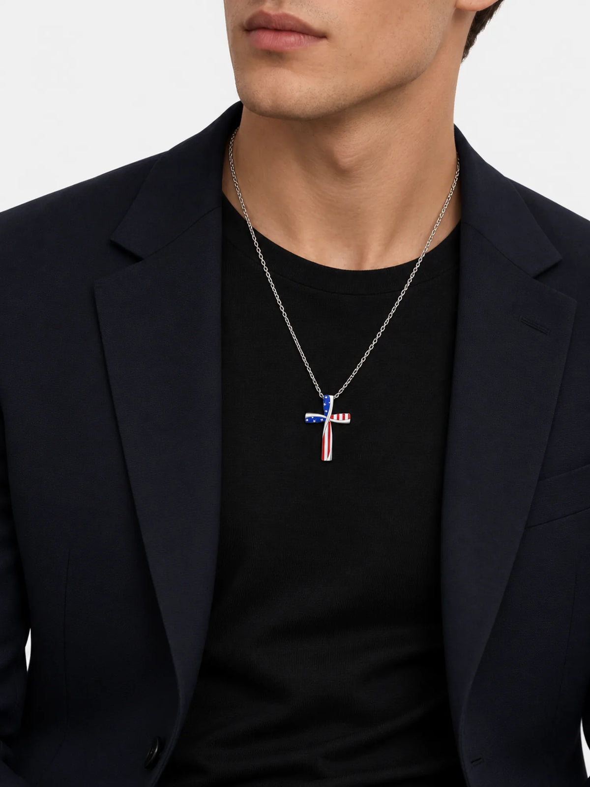 American Flag Cross Necklace – Silver-Tone Enamel Pendant