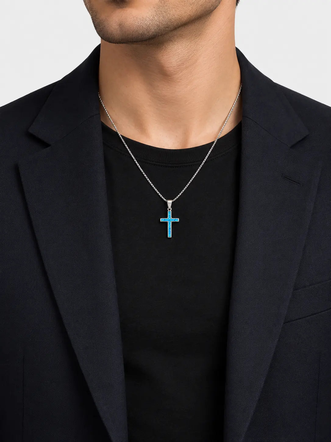 Collier pendentif croix en opale azur