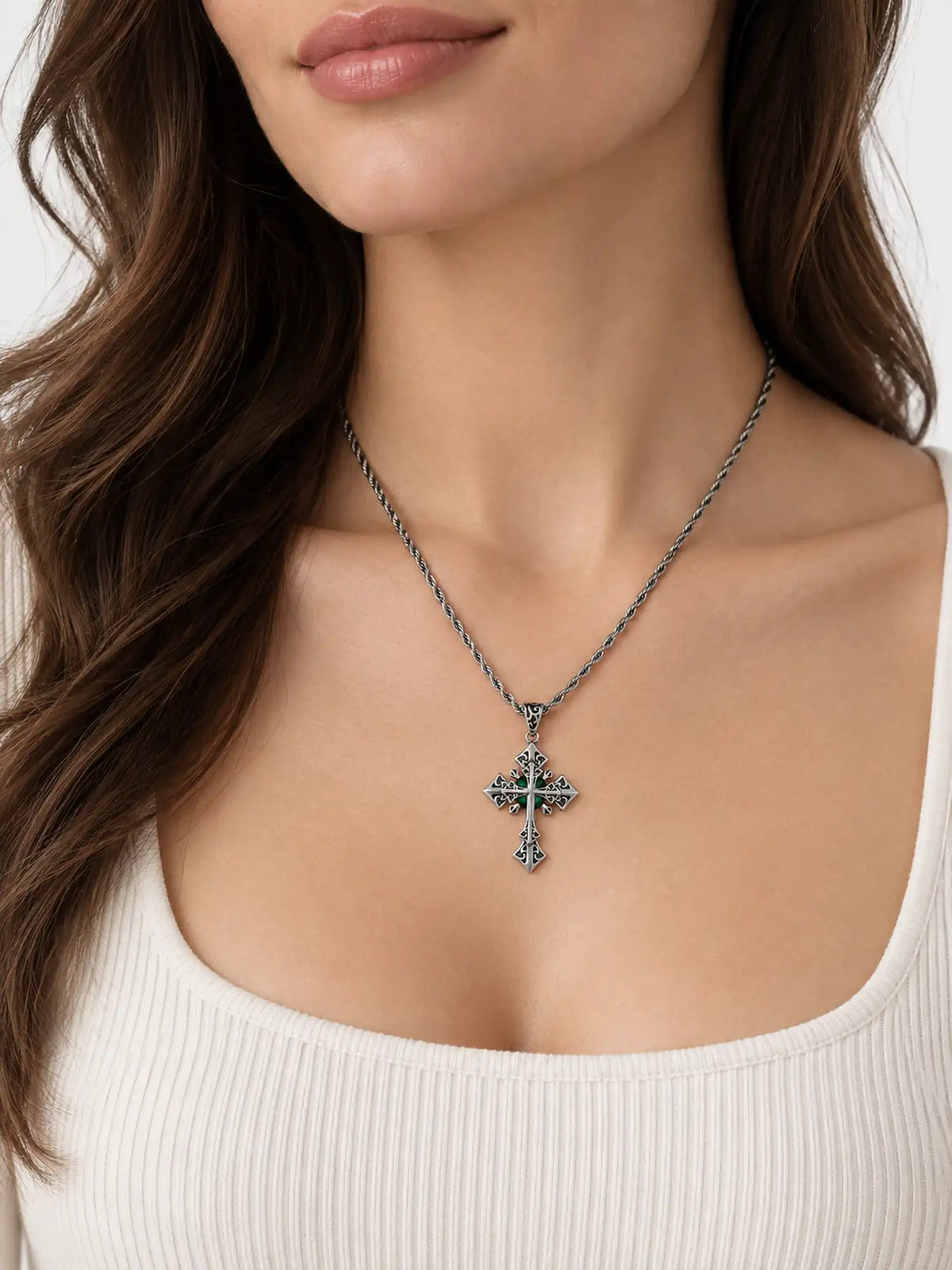 Ornate Emerald Vintage Cross Necklace