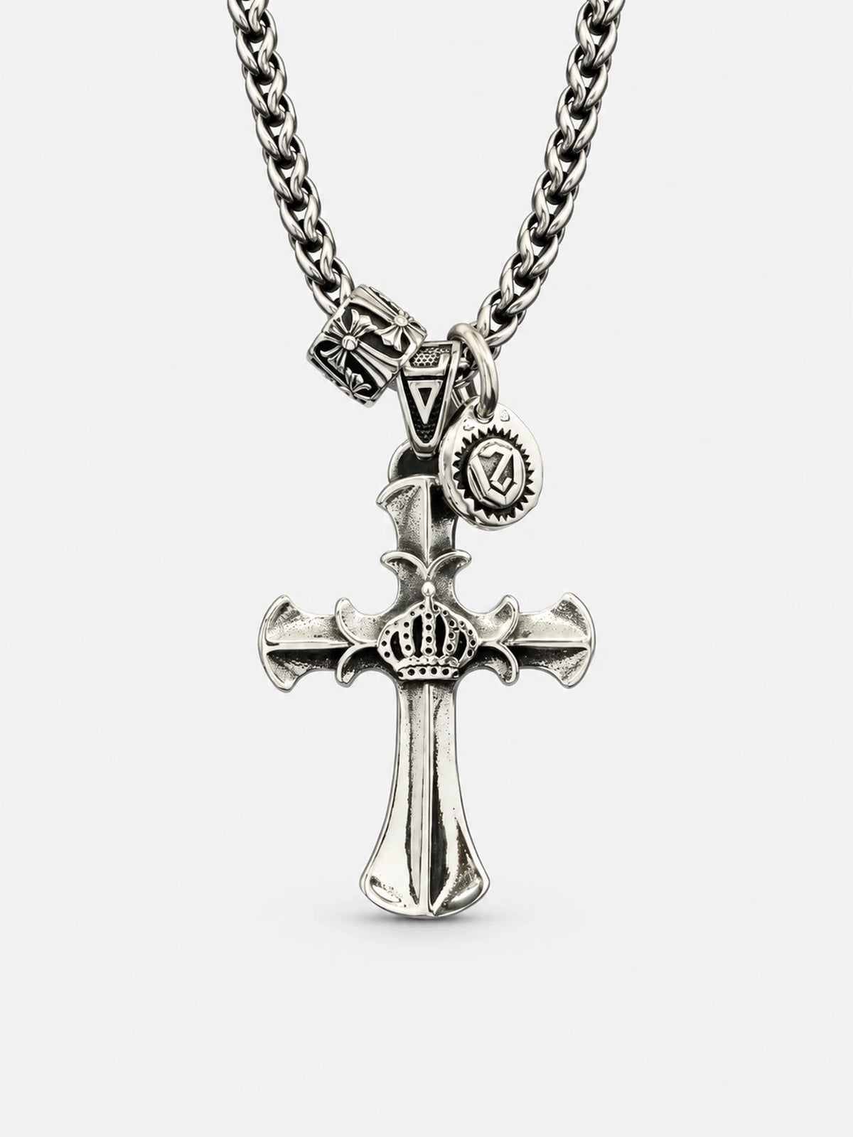 Vintage Crown & Cross Stainless Steel Pendant Necklace