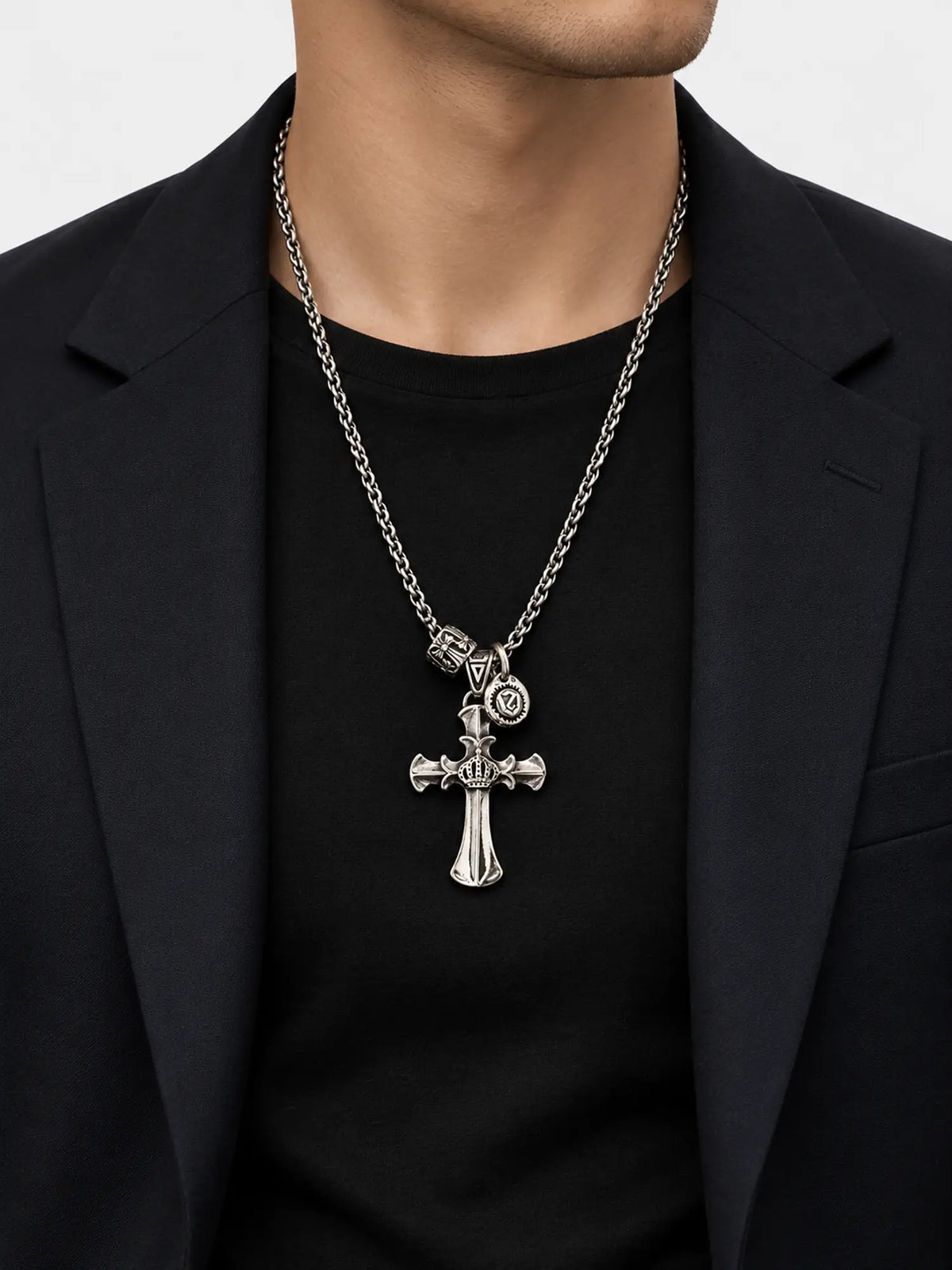Vintage Crown & Cross Stainless Steel Pendant Necklace
