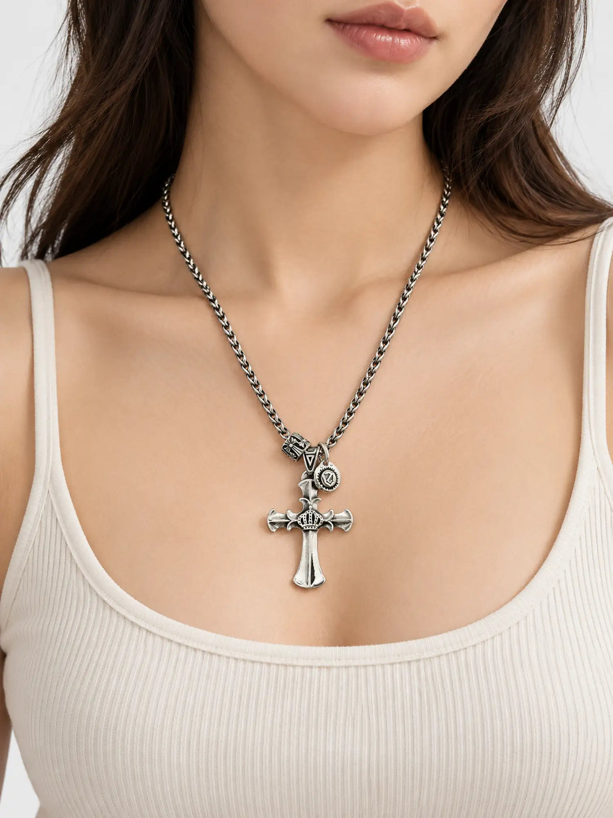 Vintage Crown & Cross Stainless Steel Pendant Necklace