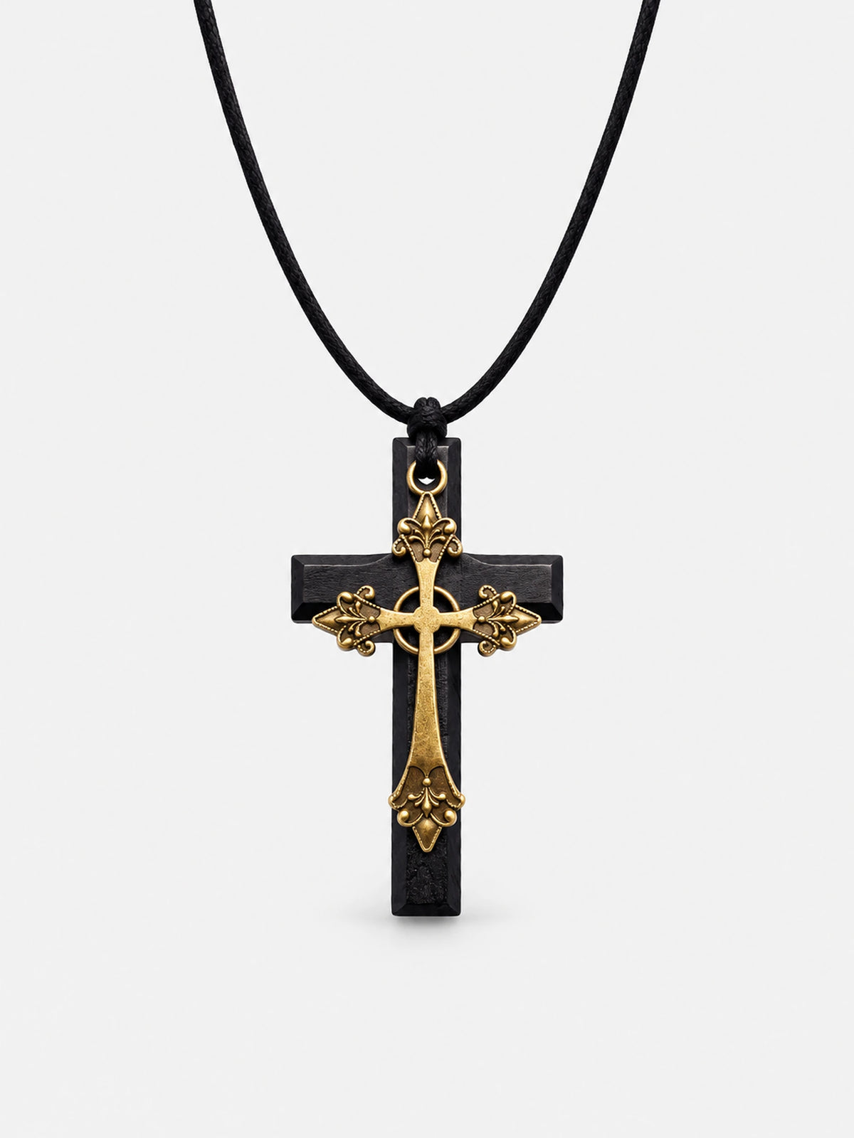 Black Wooden Cross Necklace with Antique Gold Detail