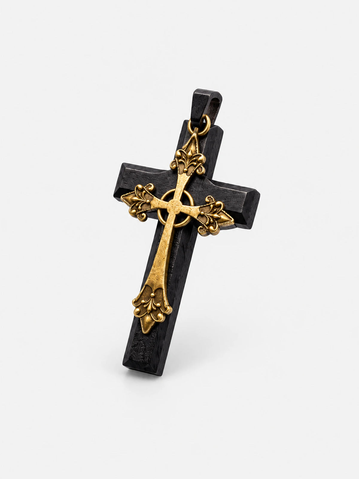 Collier croix en bois noir avec détails dorés anciens