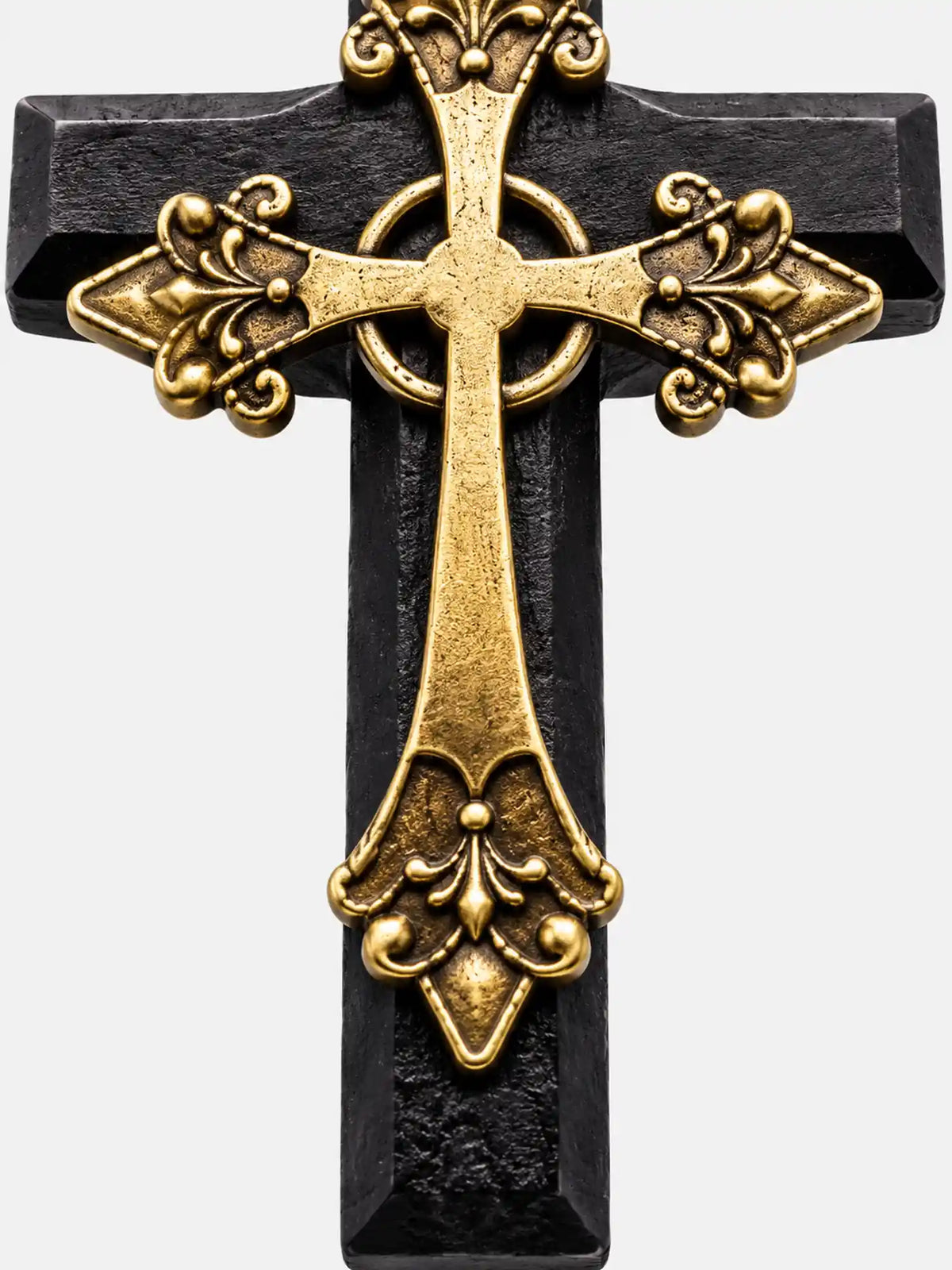 Black Wooden Cross Necklace with Antique Gold Detail