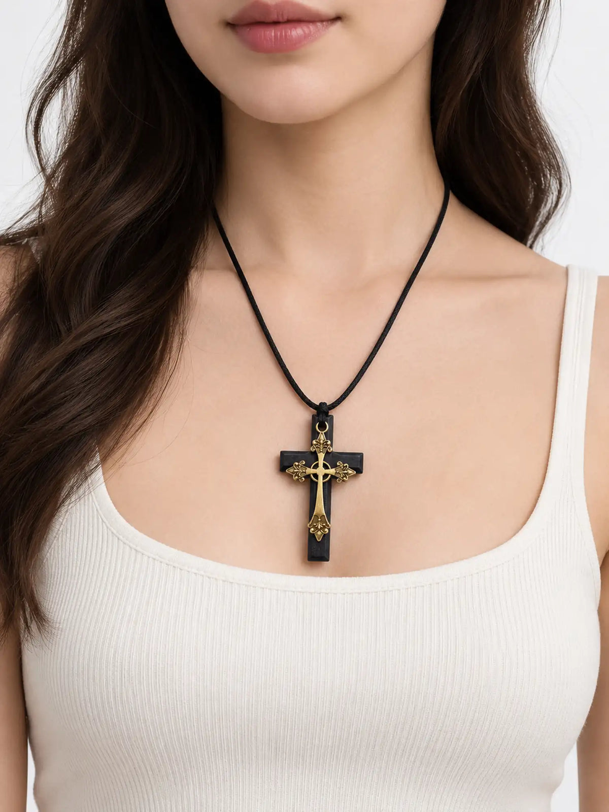 Black Wooden Cross Necklace with Antique Gold Detail