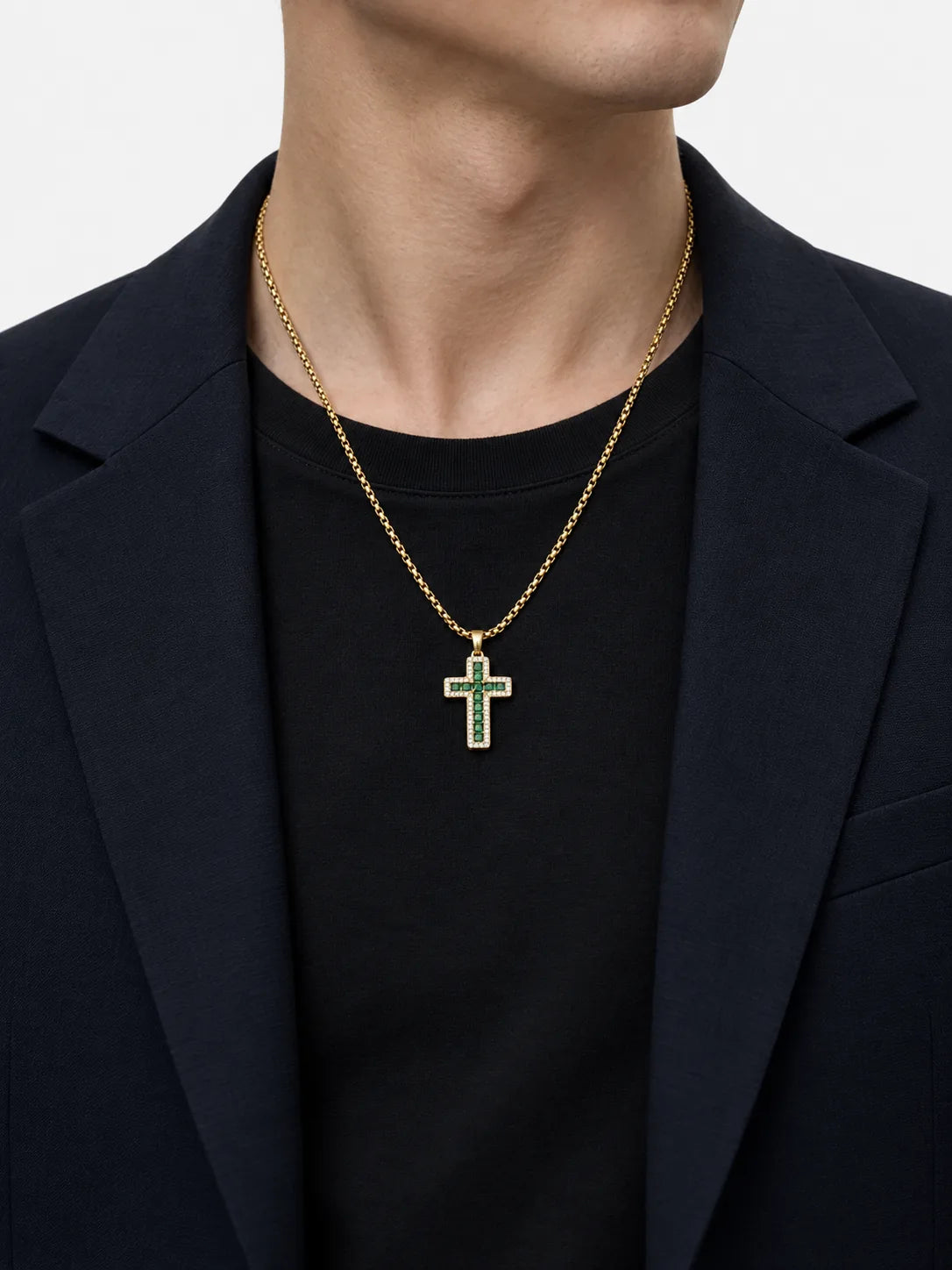 Emerald Halo Gold Cross Necklace