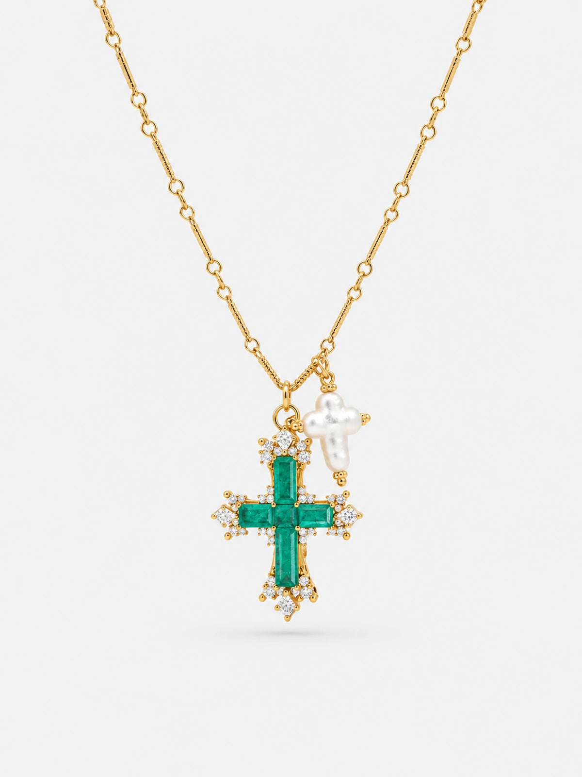 Collier double croix émeraude