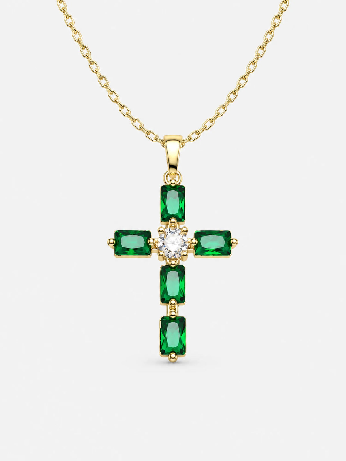 Emerald Green Baguette Gold Cross Necklace