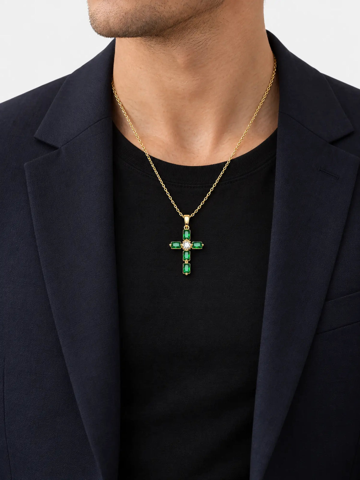 Emerald Green Baguette Gold Cross Necklace