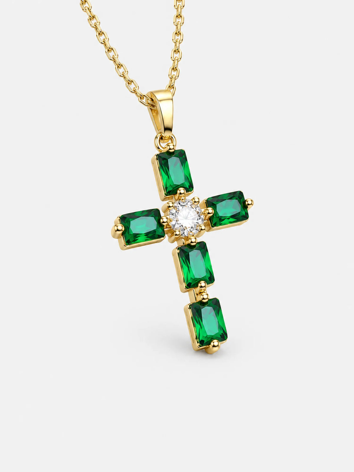 Emerald Green Baguette Gold Cross Necklace