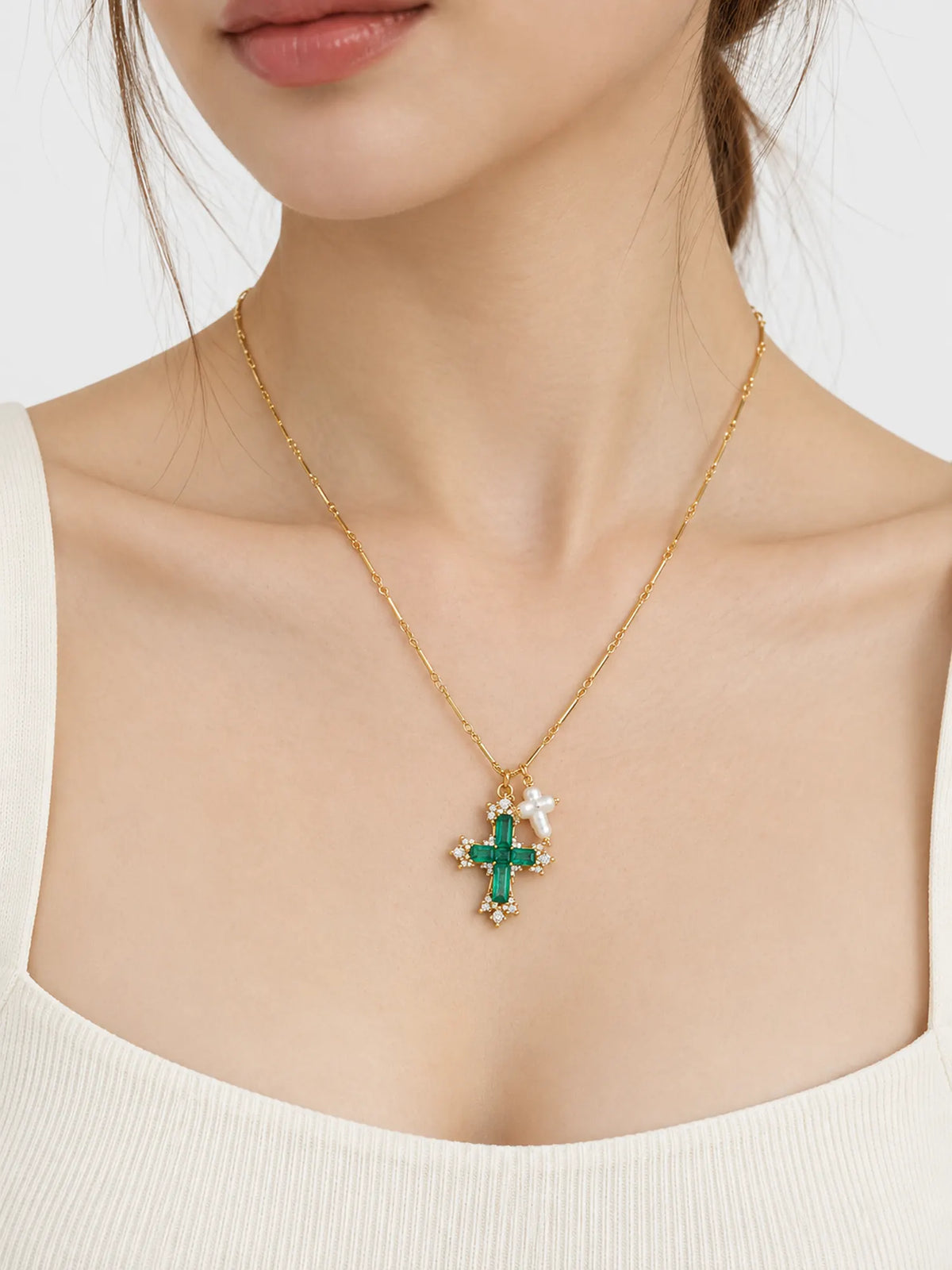 Emerald Double Cross Necklace