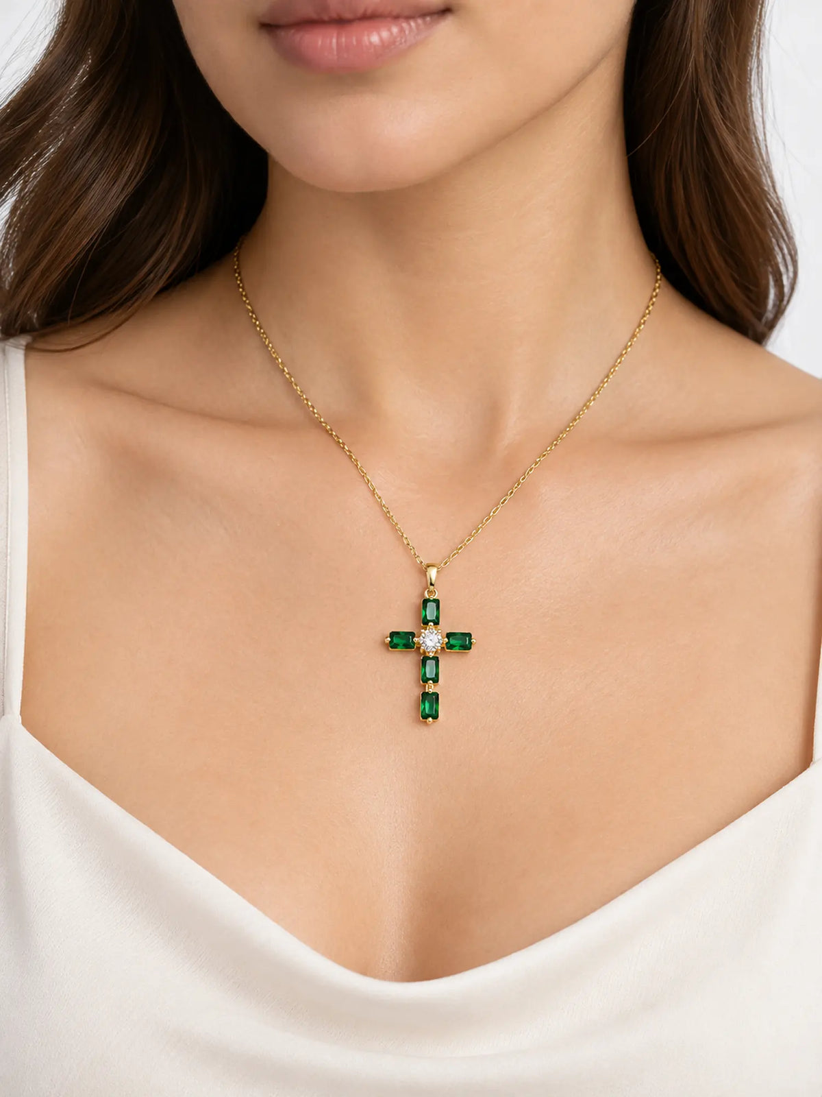 Emerald Green Baguette Gold Cross Necklace
