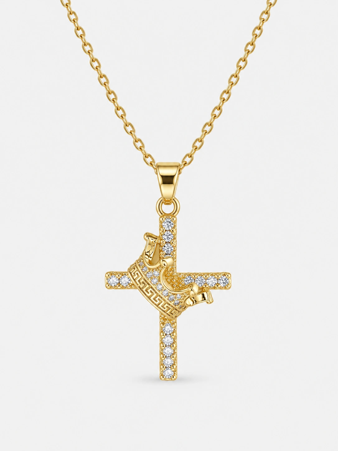 Dainty Gold Cross & Crown Necklace