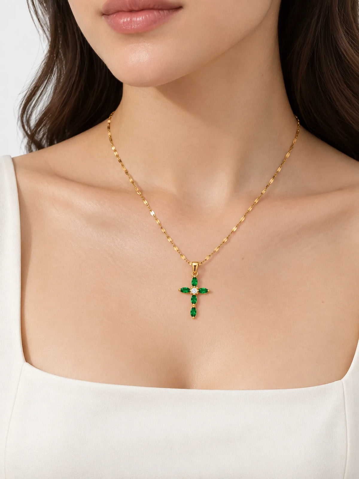 Emerald Marquise Cross Gold Necklace