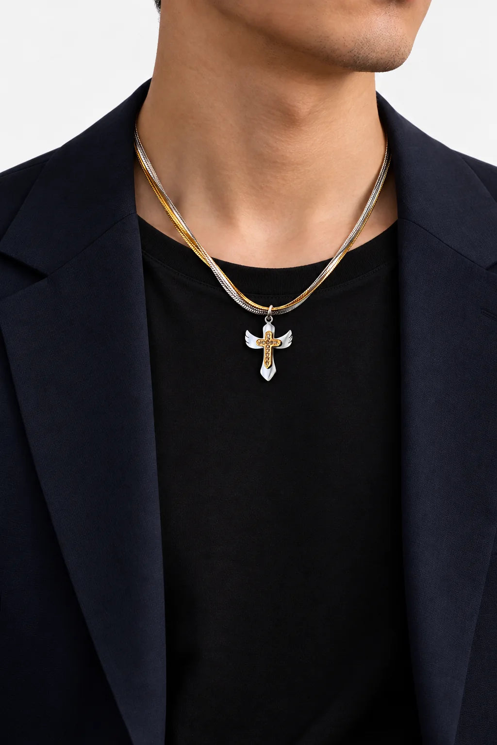 Two-Tone Angel Wing Stainless Steel Cross Necklace