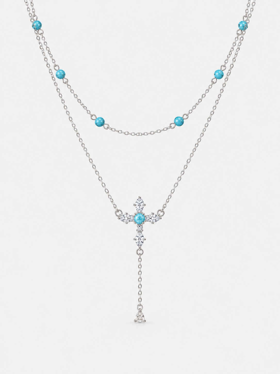Small Turquoise Cross Necklace with Delicate Layered Chain