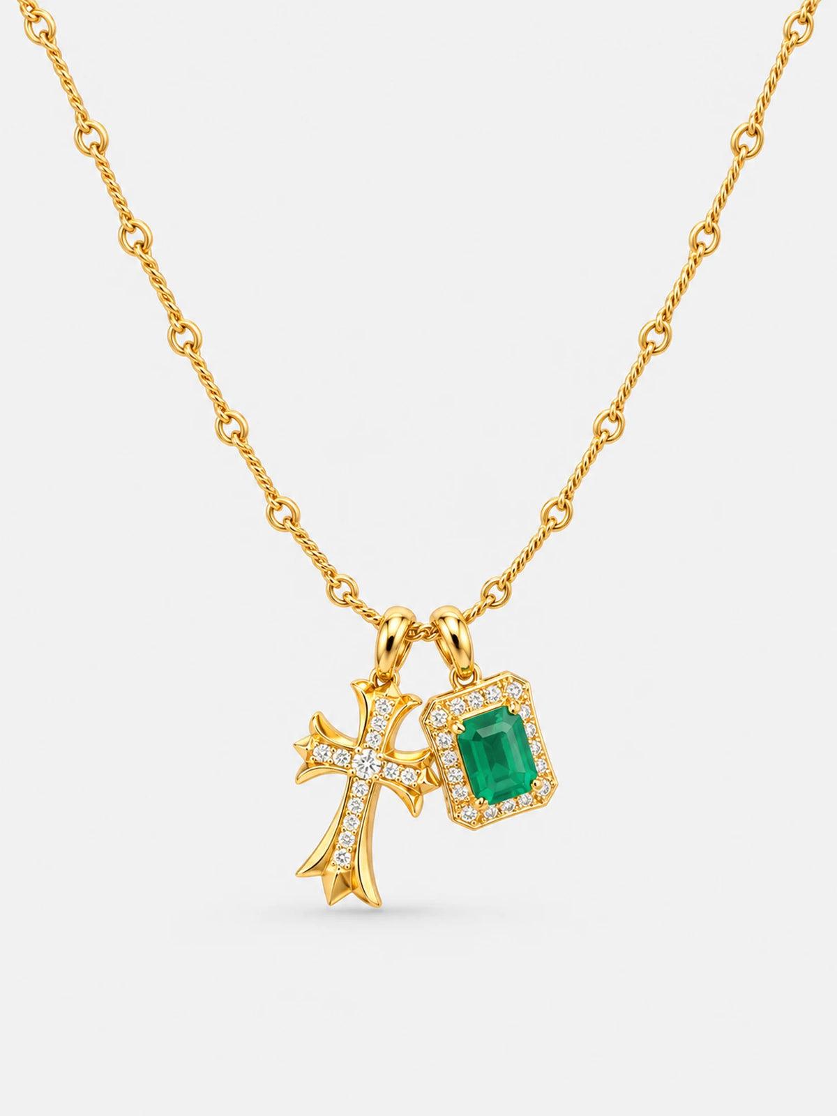 Emerald Charm & Pavé Cross Necklace