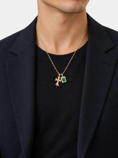 Emerald Charm & Pavé Cross Necklace