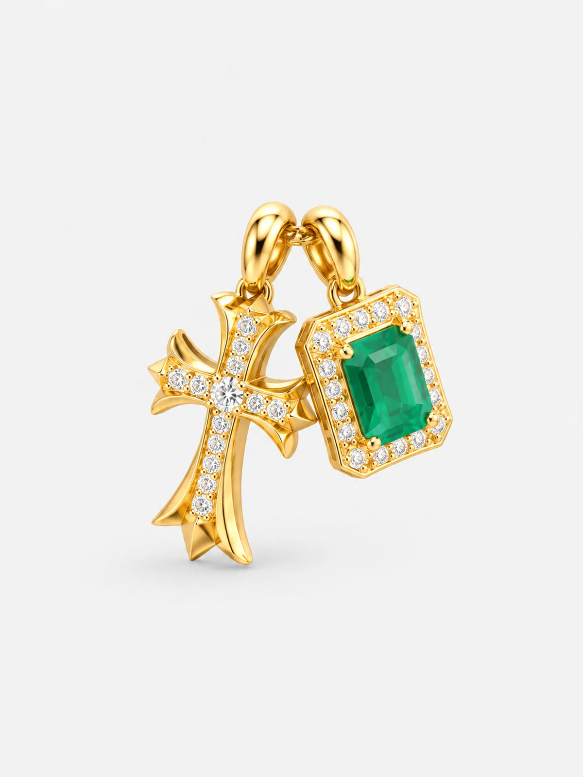 Emerald Charm & Pavé Cross Necklace