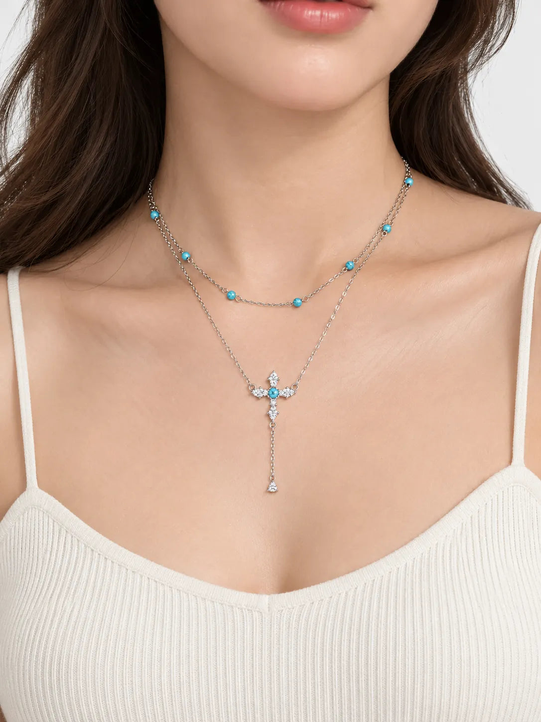 Small Turquoise Cross Necklace with Delicate Layered Chain