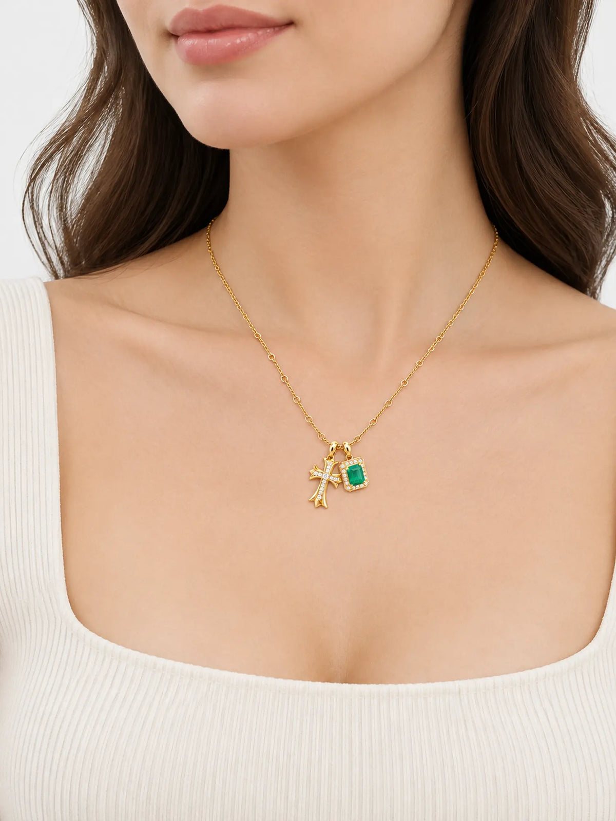 Emerald Charm & Pavé Cross Necklace
