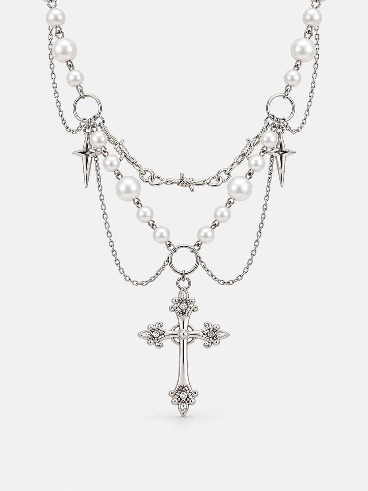 Layered Pearl Cross Pendant Necklace