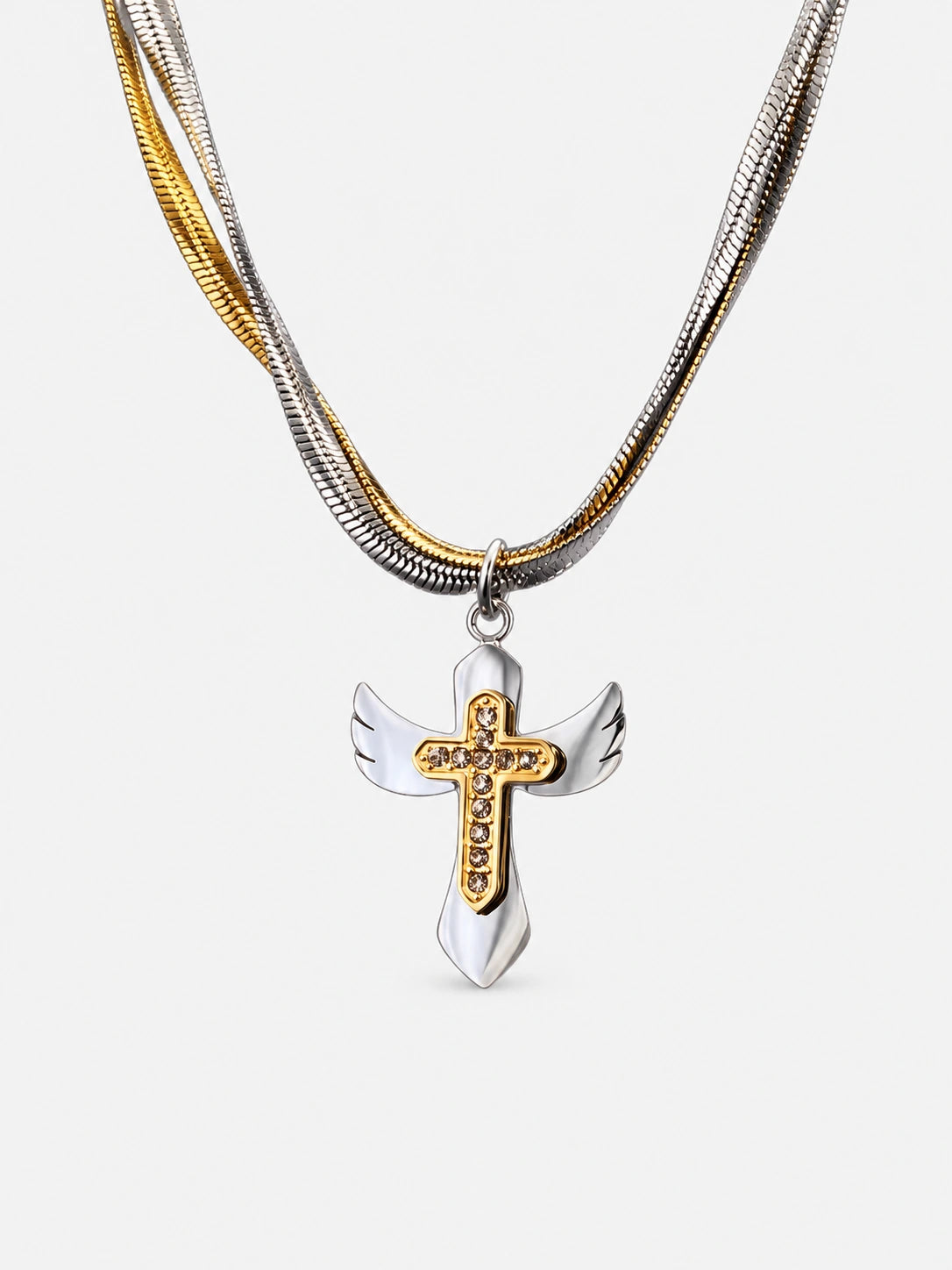 Two-Tone Angel Wing Stainless Steel Cross Necklace
