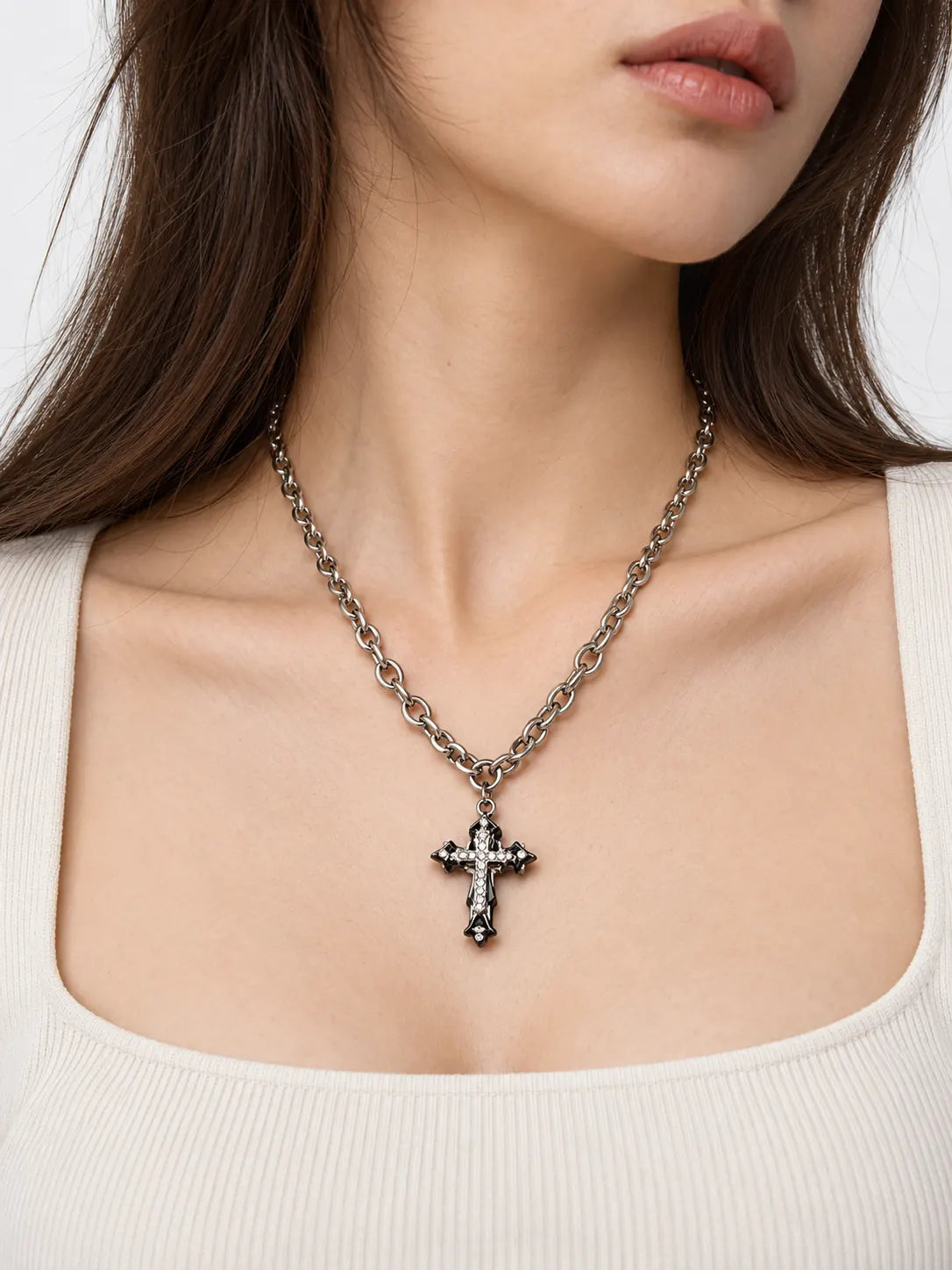 Layered Crystal Stainless Steel Cross Necklace