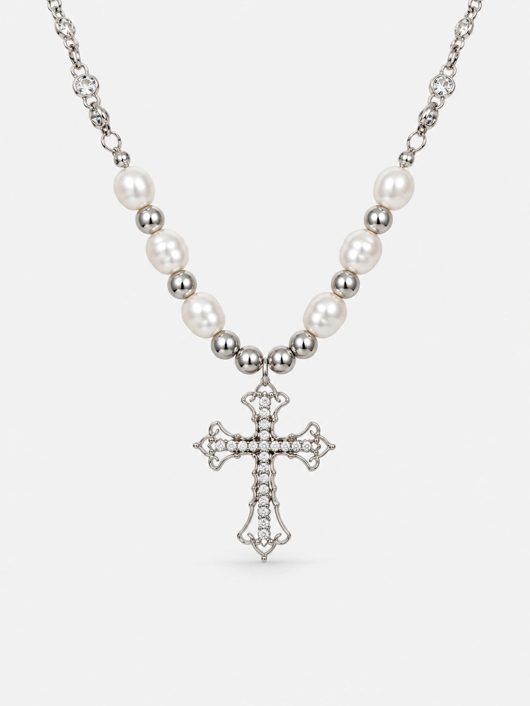 Pearl & Crystal Cross Necklace