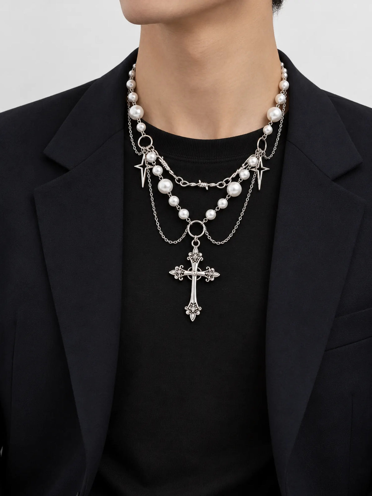 Layered Pearl Cross Pendant Necklace