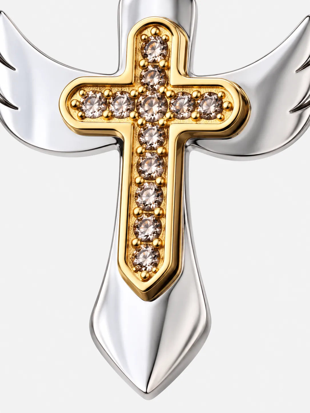 Two-Tone Angel Wing Stainless Steel Cross Necklace