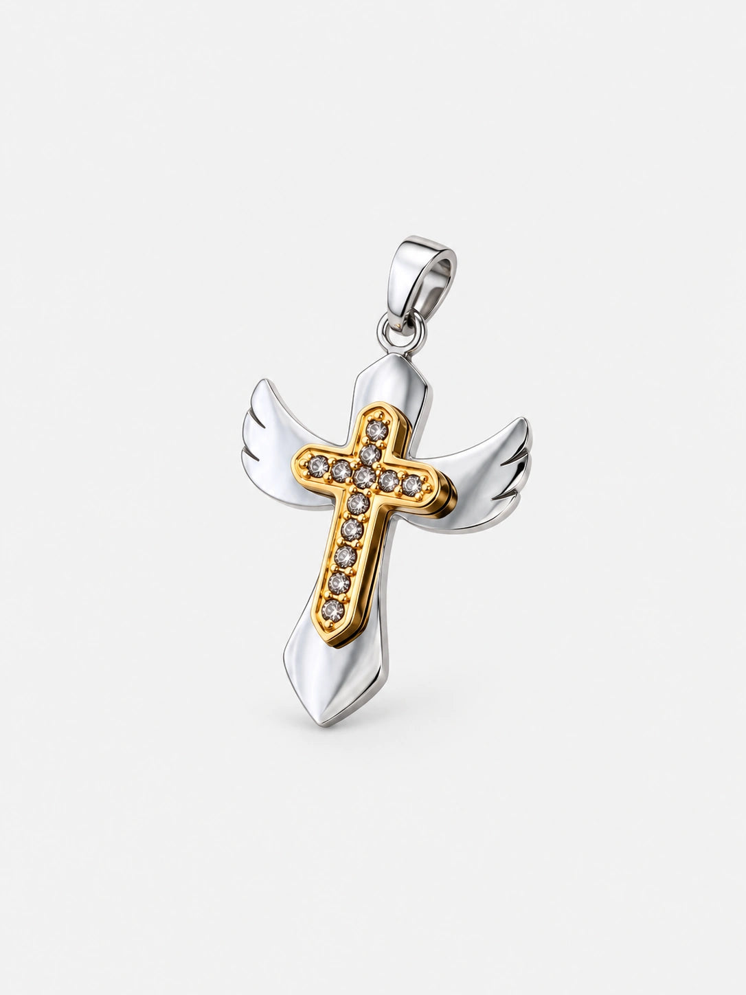 Two-Tone Angel Wing Stainless Steel Cross Necklace