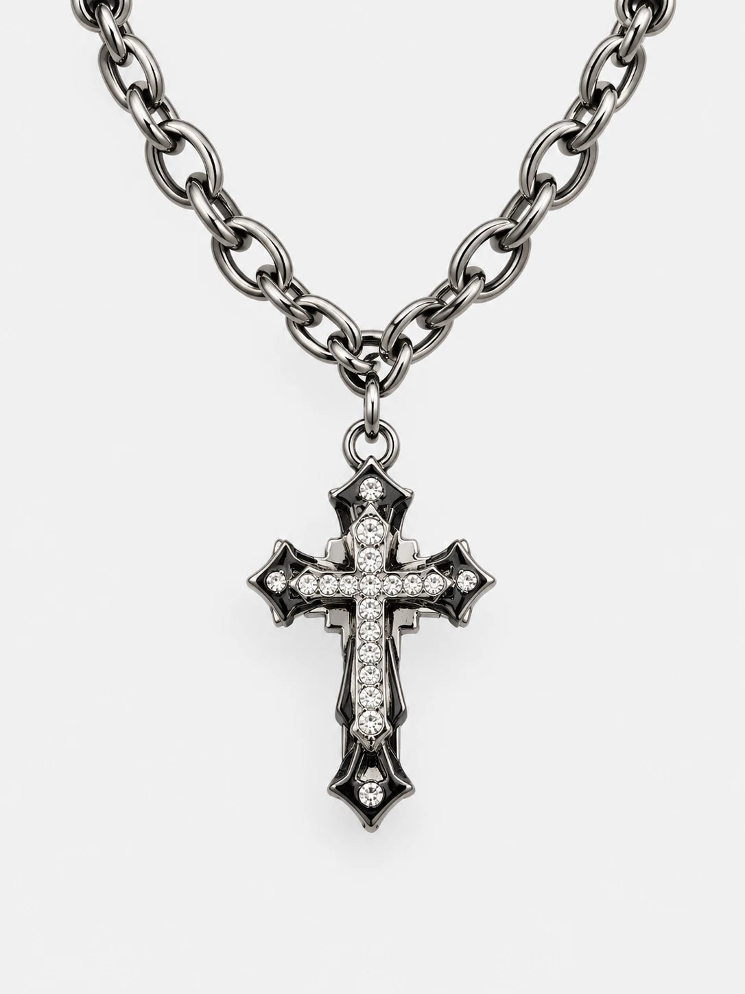 Collier croix en acier inoxydable et cristaux superposés