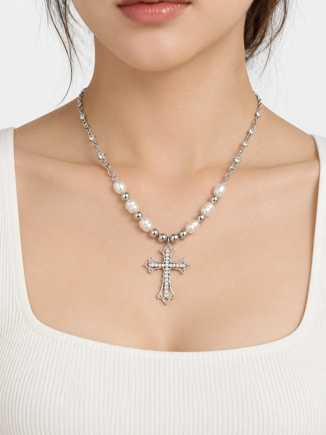 Pearl & Crystal Cross Necklace