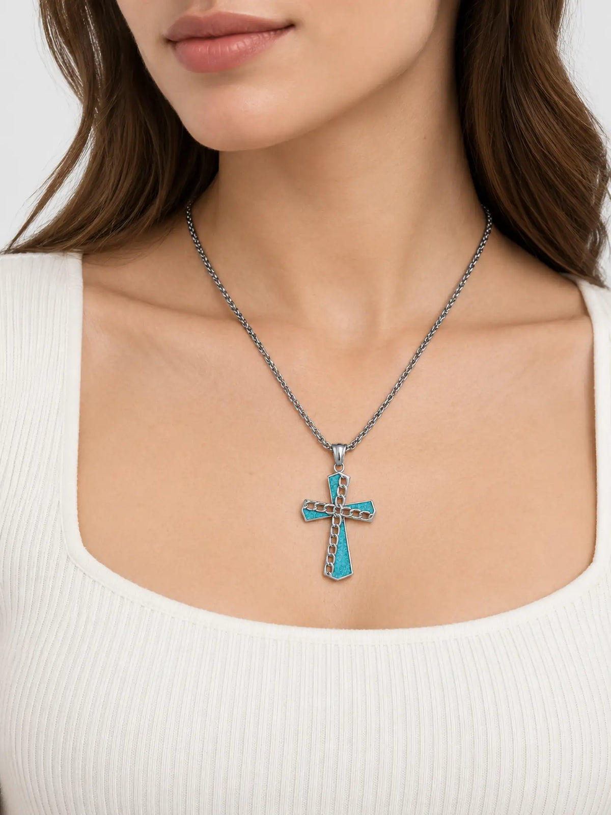 Western Turquoise Chain Cross Necklace