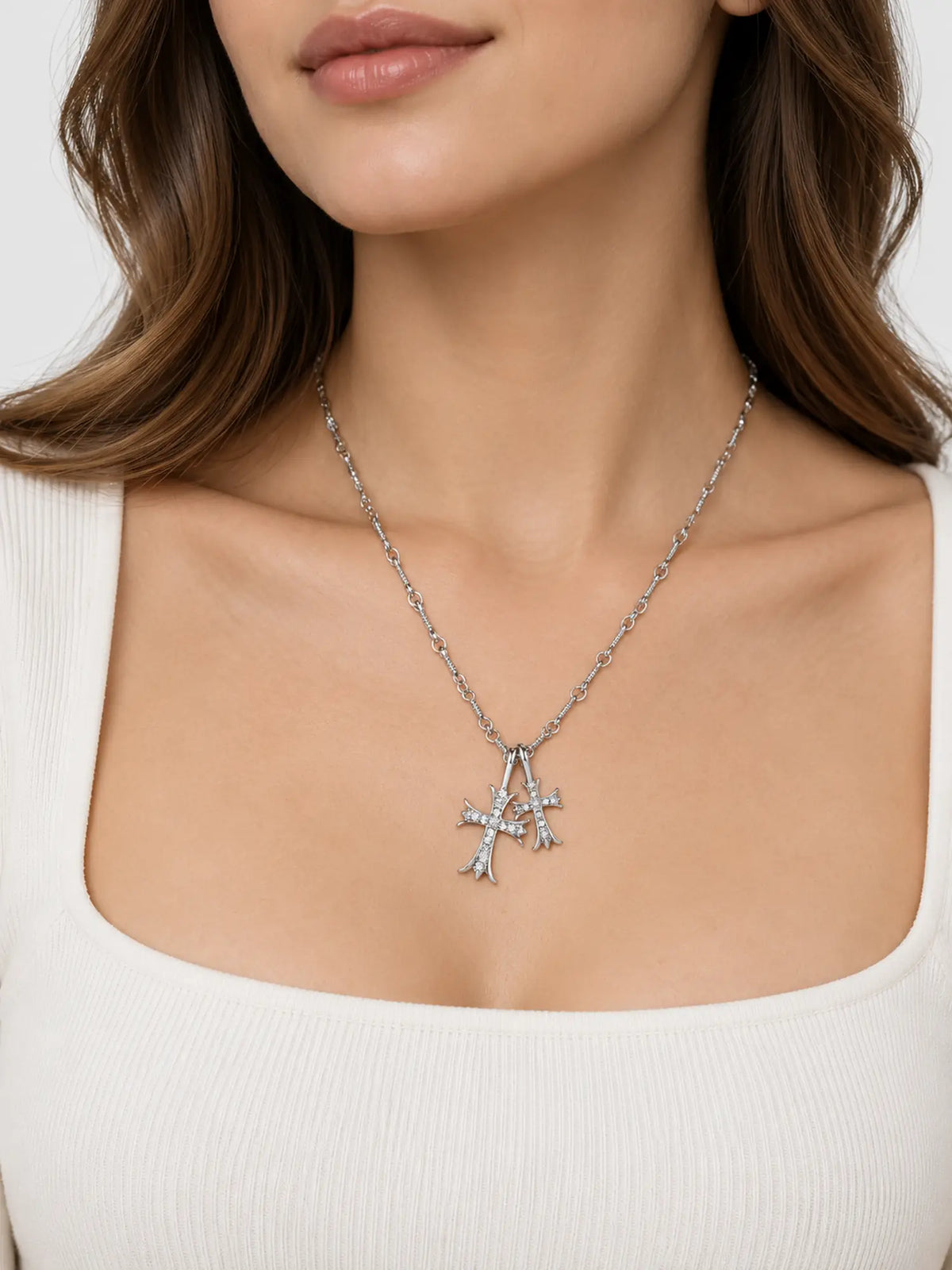 Stainless Steel Necklace with Double Cross Pendant