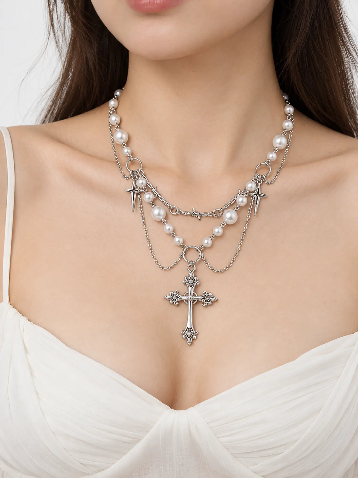 Layered Pearl Cross Pendant Necklace