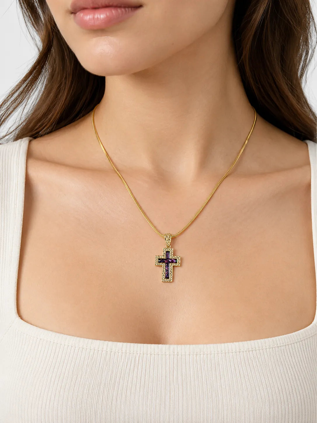Opal Inlay Gold Cross Necklace