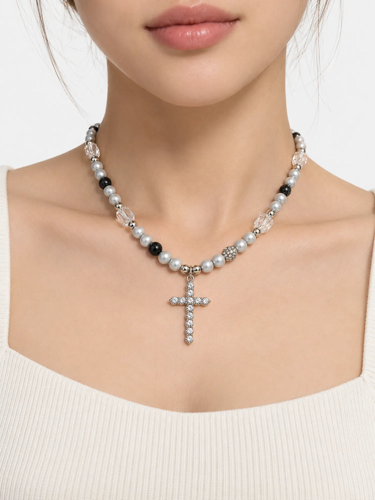 Pearl & Crystal Cross Pendant Necklace