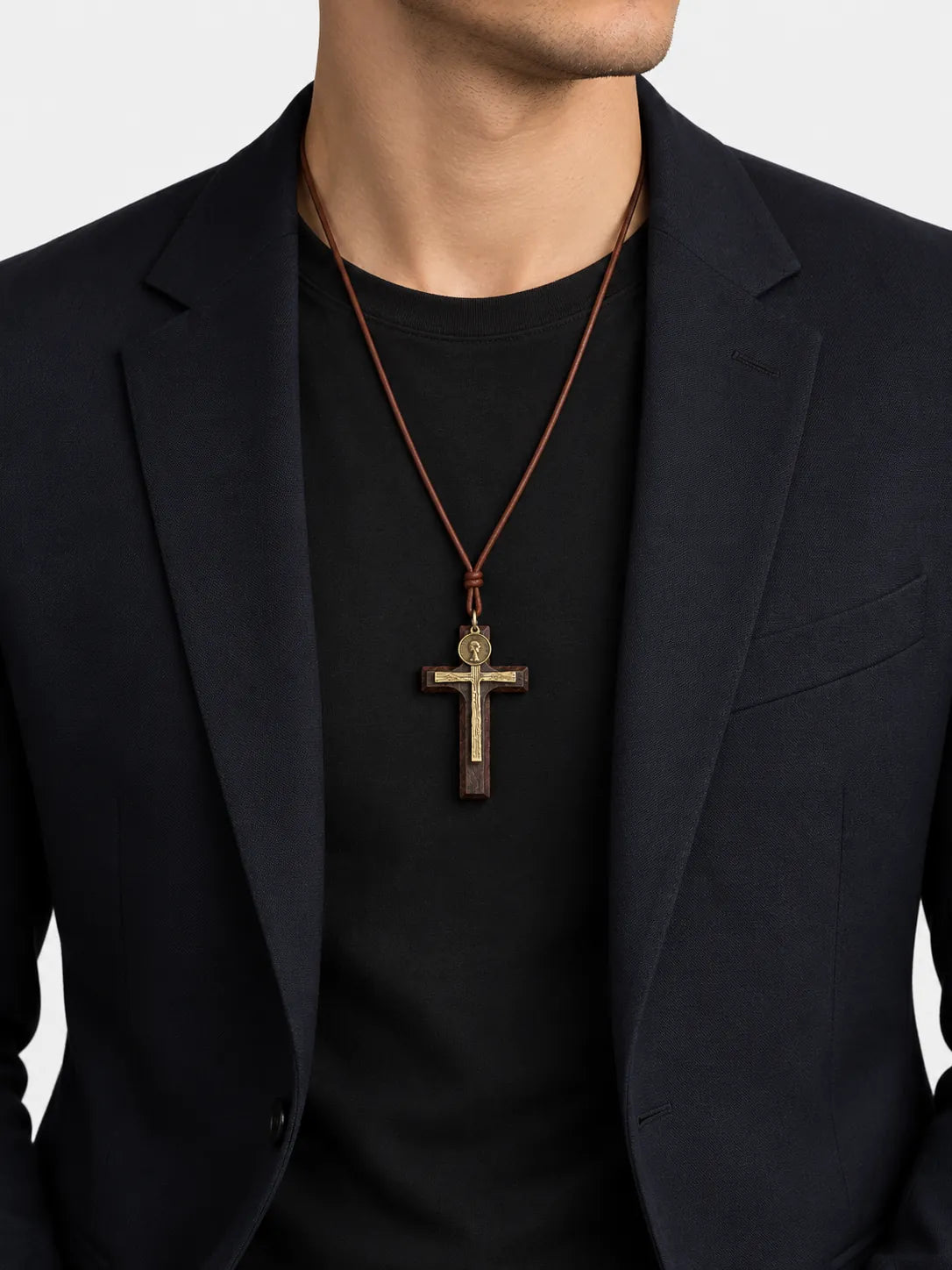 Vintage Wooden Necklace with Cross Pendant
