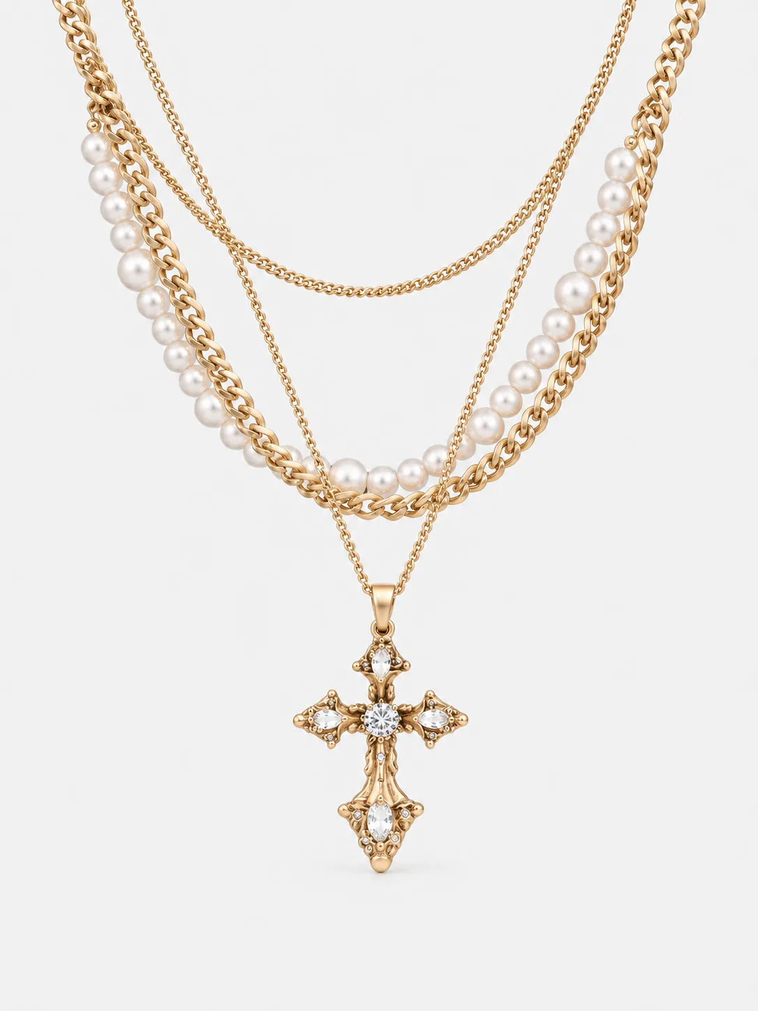 Vintage Gold Cross Necklace with Pearls
