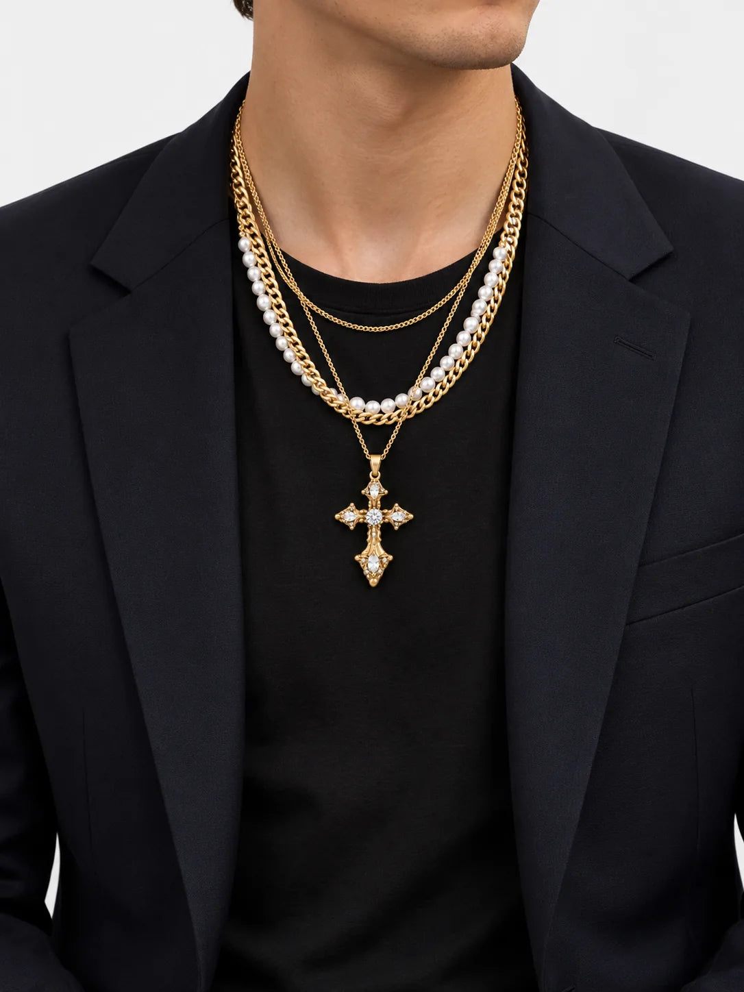 Vintage Gold Cross Necklace with Pearls