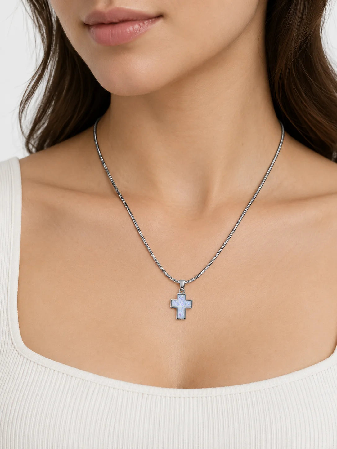 Petite Opal Inlay Cross Necklace