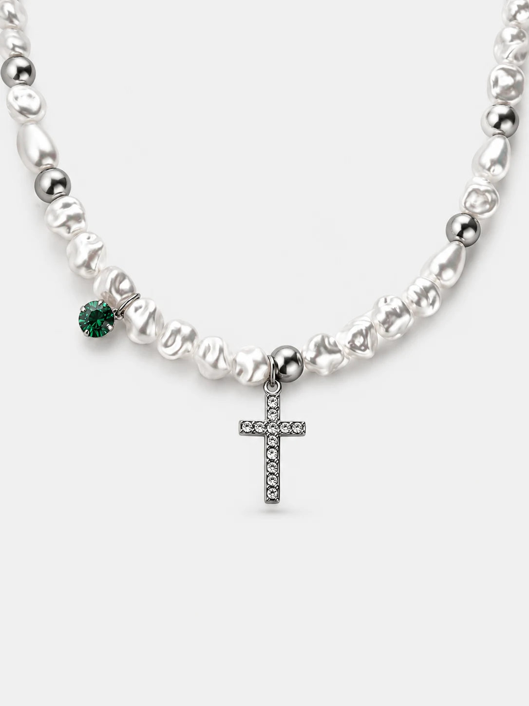 Baroque Pearl Cross Necklace with Green Crystal Charm