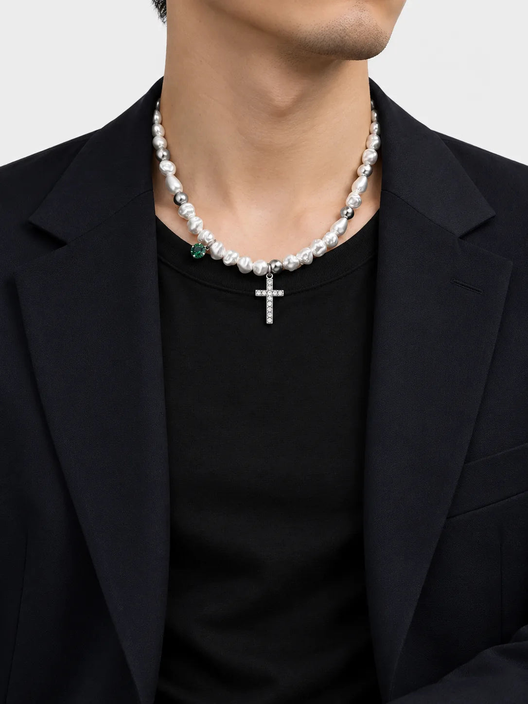 Baroque Pearl Cross Necklace with Green Crystal Charm