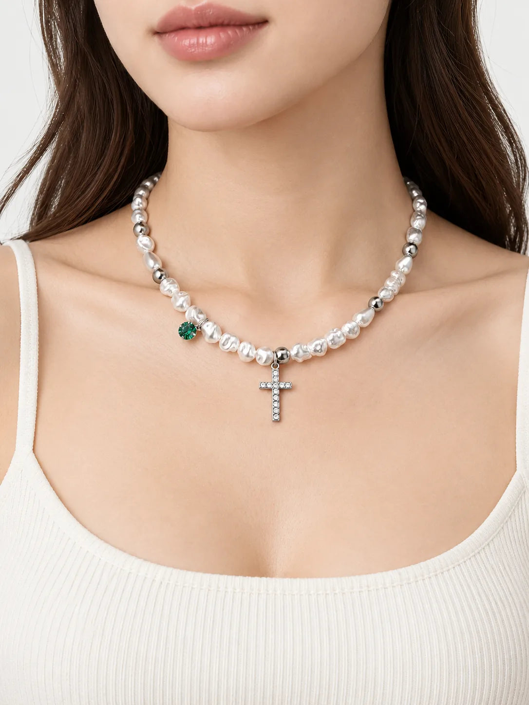 Baroque Pearl Cross Necklace with Green Crystal Charm