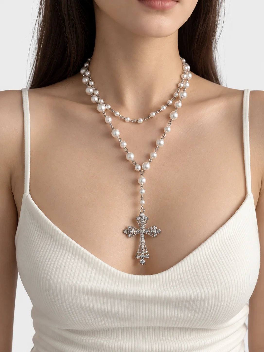 Long Pearl Cross Pendant Necklace